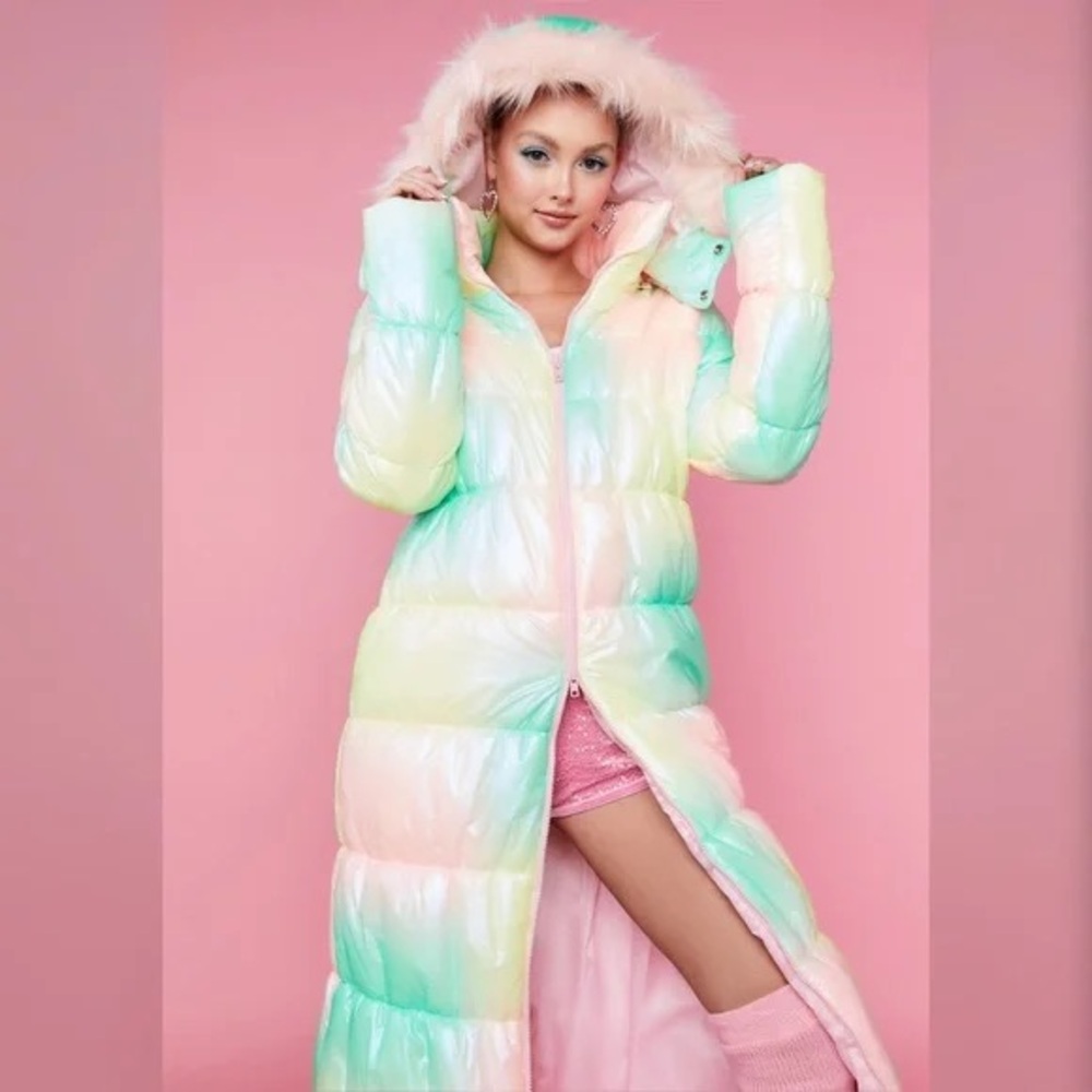 Dolls Kill Pastel Rainbow Chalet Arrival Ombre Puffer Coat Sugar Thrillz